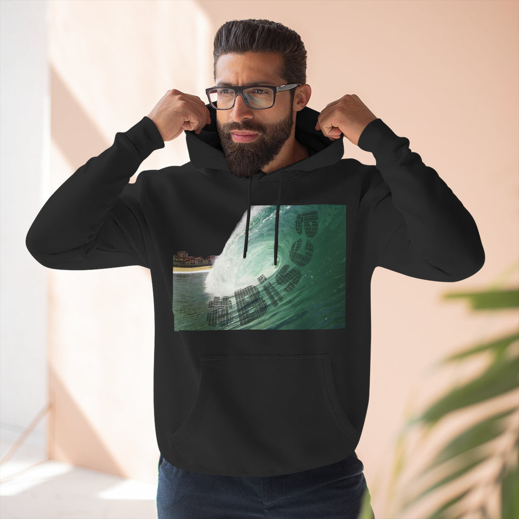 Comfortable three-panel fleece hooded sweatshirt with wavy design, surf gift, casual wear, beach style, unisex hoodie.