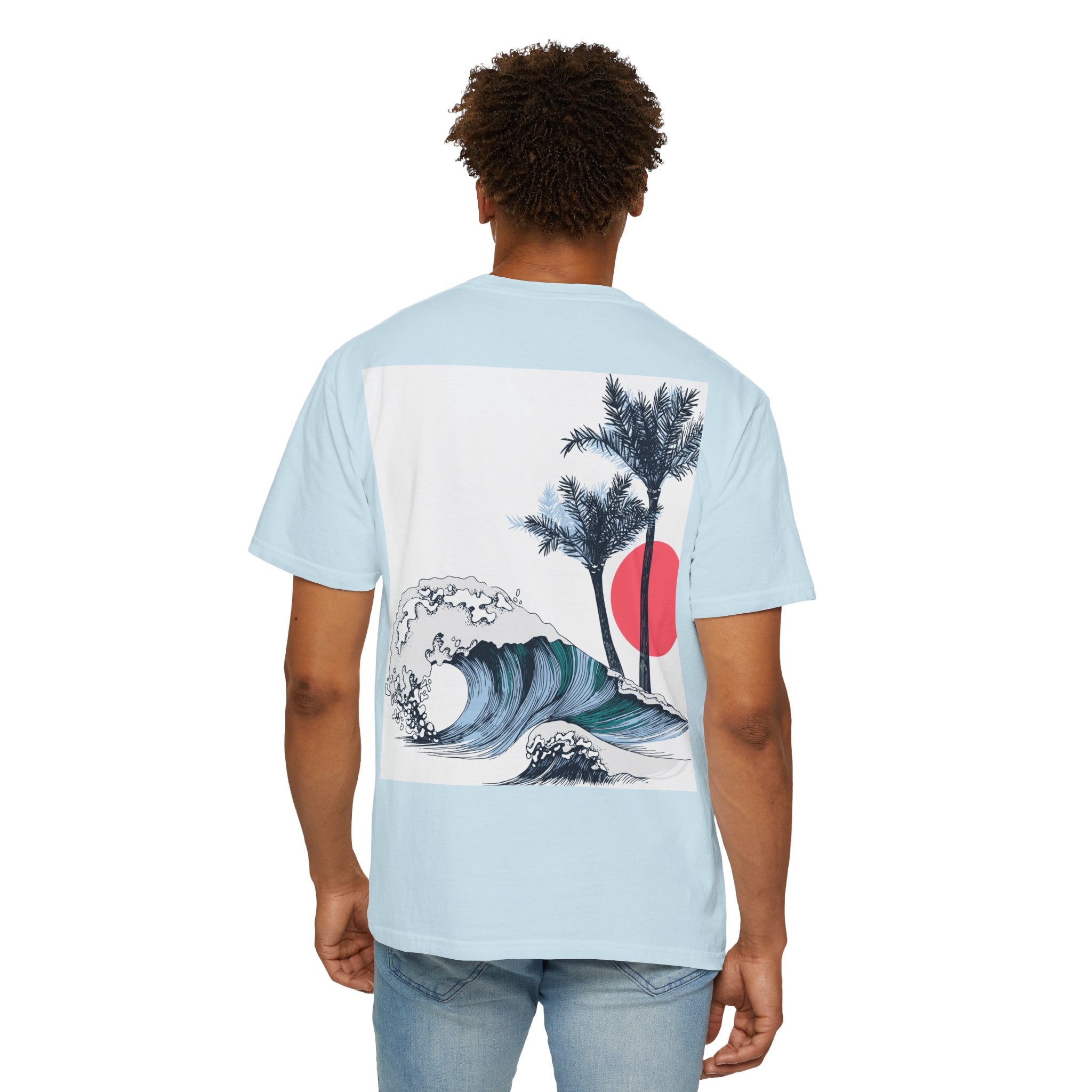 T-shirt Tropical Wave Palm Tree Graphic Tee (soleil rouge et accent cœur)