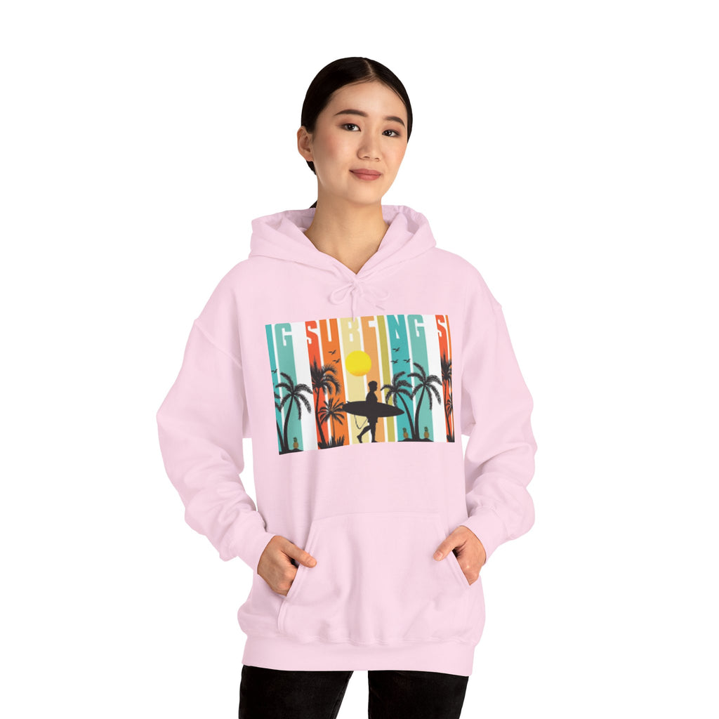 Sweat à capuche Surfer Sunset - Unisexe Heavy Blend™, Vêtements de surf, Ambiances de plage, Vêtements décontractés cool, Garde-robe d'été, Cadeau pour surfeurs